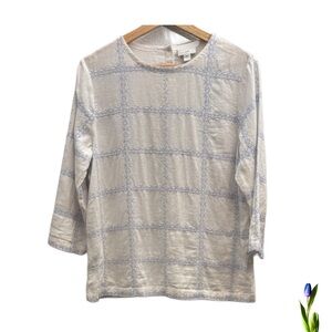 J. Jill White And Baby Blue Embroidered Boxy 3/4 Sleeve Blouse